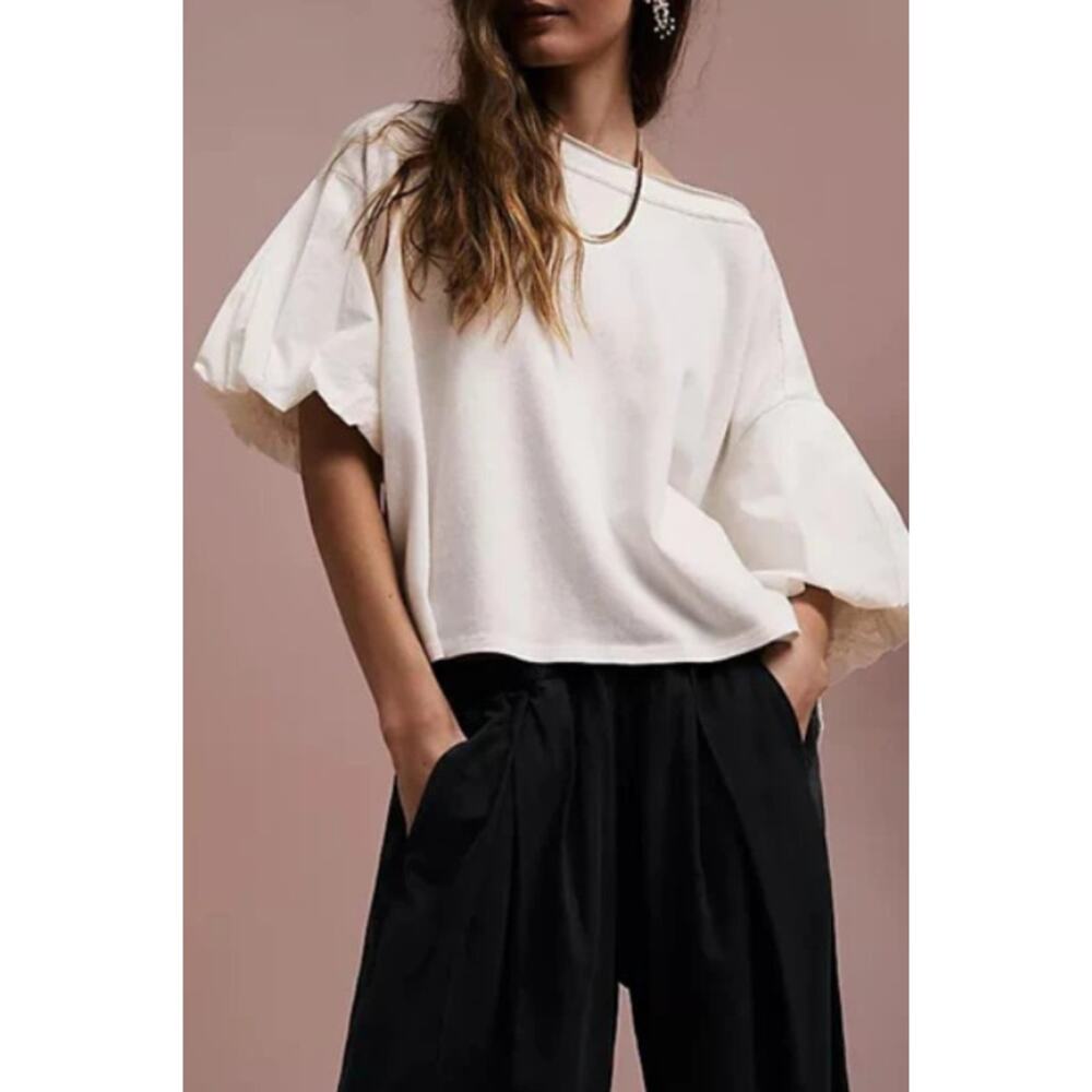 We The Free People Oversized Puff Short Sleeves Blossom Tee Shirt Women XS White
